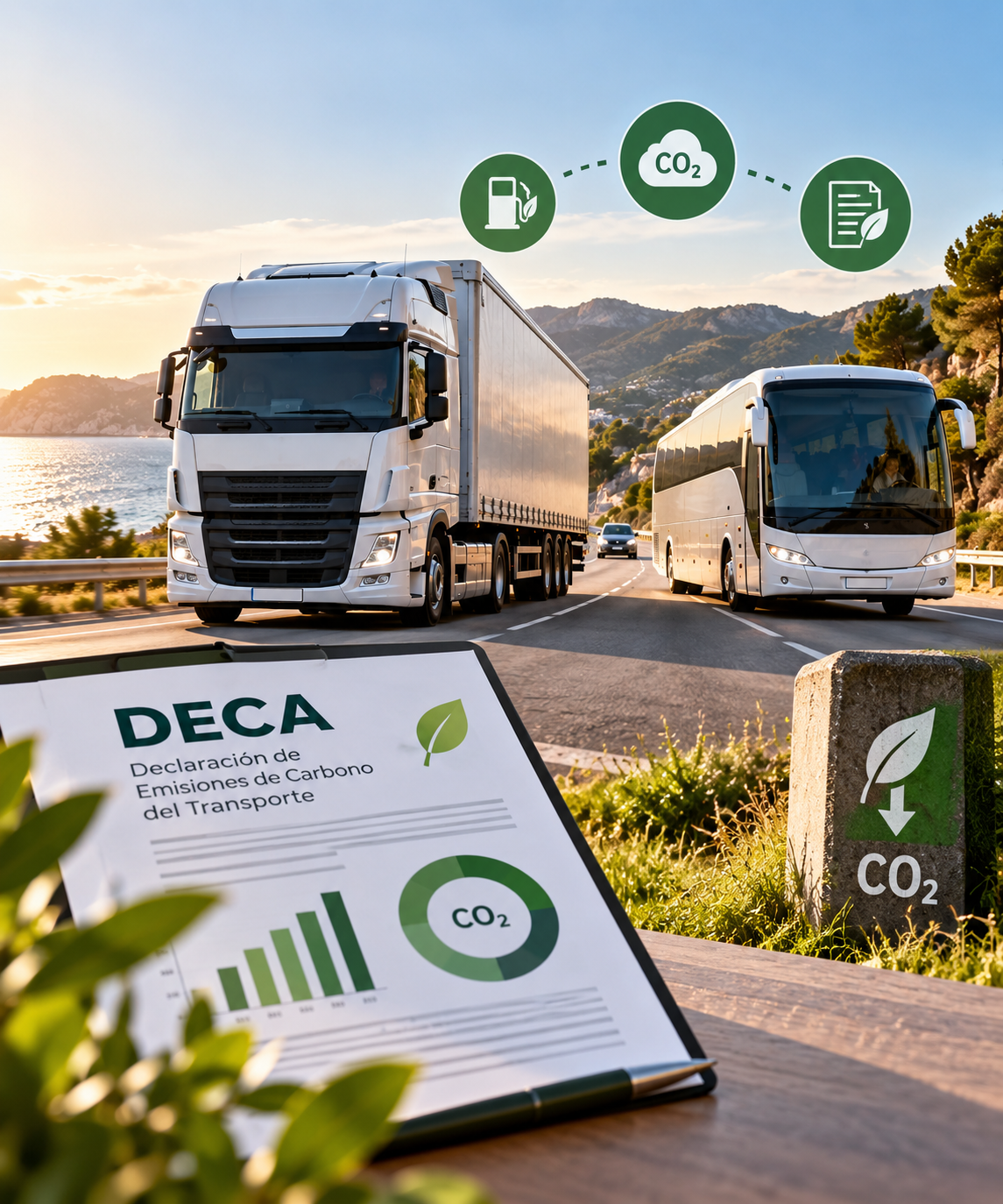 Camión y autobús en carretera – Ley de Movilidad Sostenible 2026